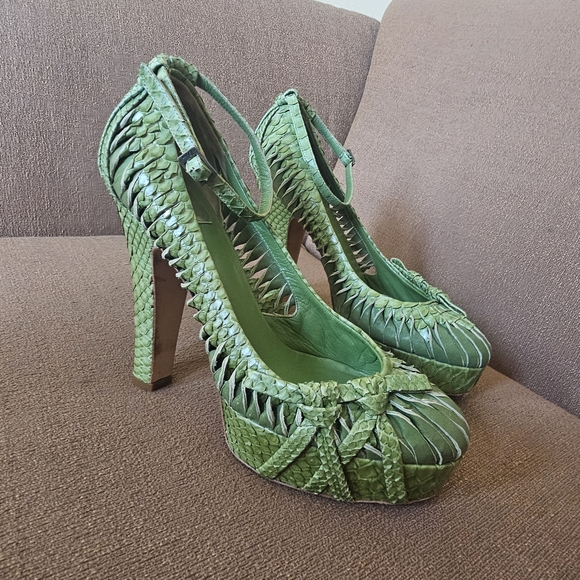 DiorDior Green Python Leather Knot Detail Ankle Strap Platform Pumps Size 38.5 - Picture 1 of 15